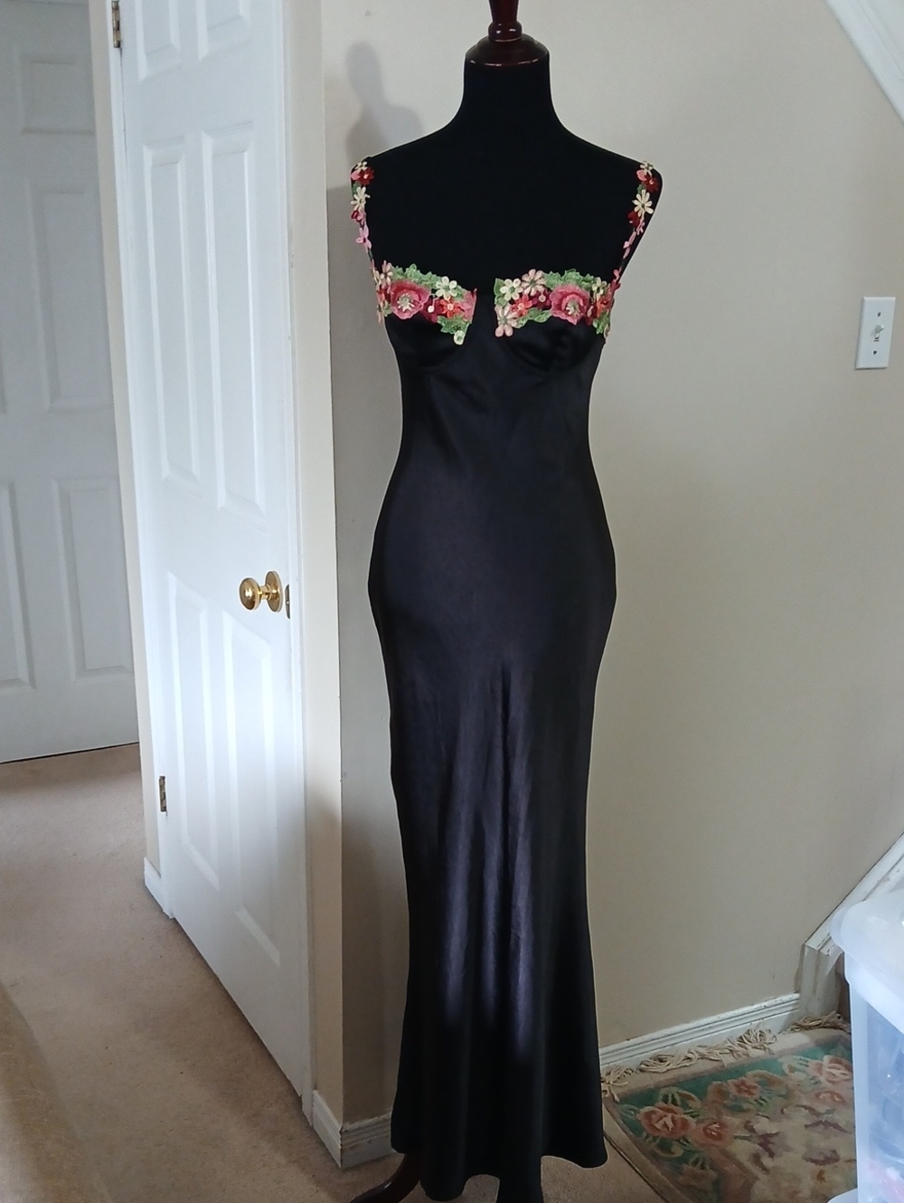Nordstrom Black Satin Maxi Dress with Pink and Green Floral Embroidery